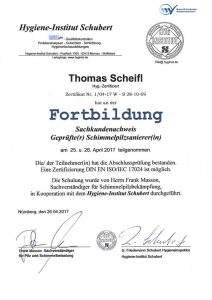 Sachkundenachweis von Thomas Scheifl über die Zertifizierung als geprüfter Schimmelpilzsanierer aus dem Jahr 2017, ausgestellt durch Hygieneinstitut Schubert